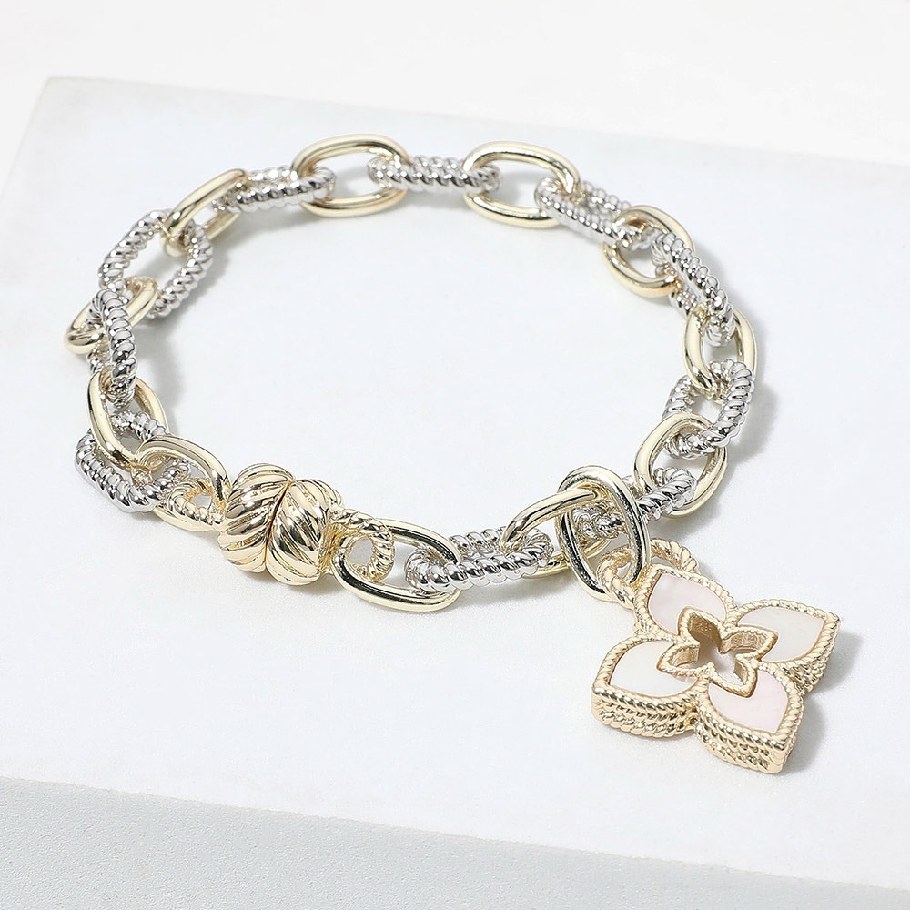 14K GP Two Tone Mother of Pearl Clover Charm Magnetic Bracelet - Picture 2 of 4